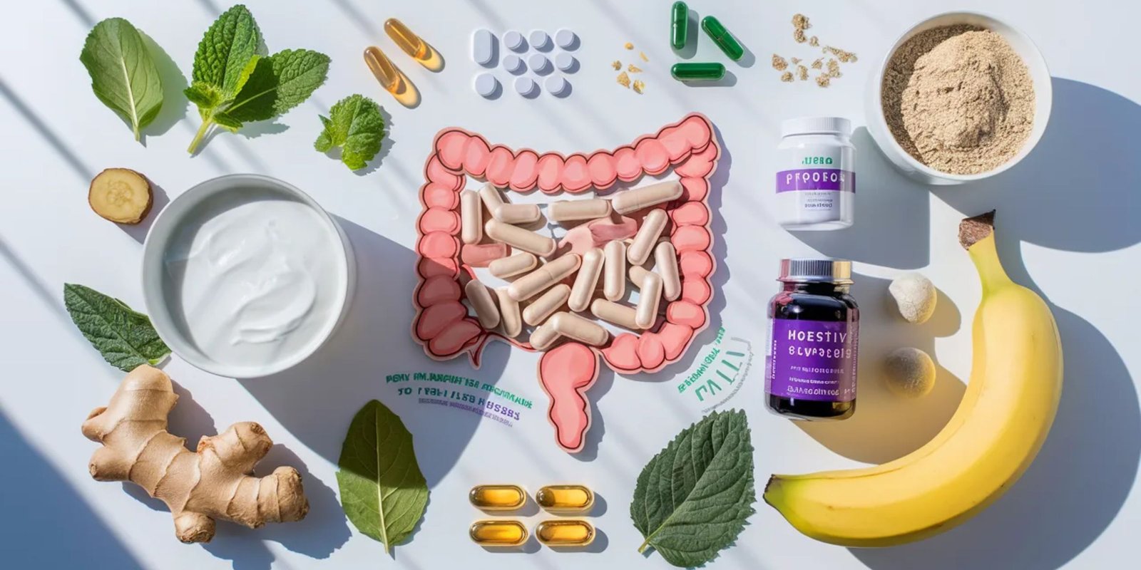 best-gut-health-supplements-including-probiotics-digestive-enzymes-and-fiber-supplements-displayed-with-natural-foods-like-yogurt-ginger-bananas-and-leafy-greens-to-support-digestion-and-gut-micro